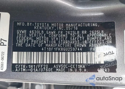 2016 Toyota Camry Se from USA, damaged, VIN 4T1BF1FK8GU259744
